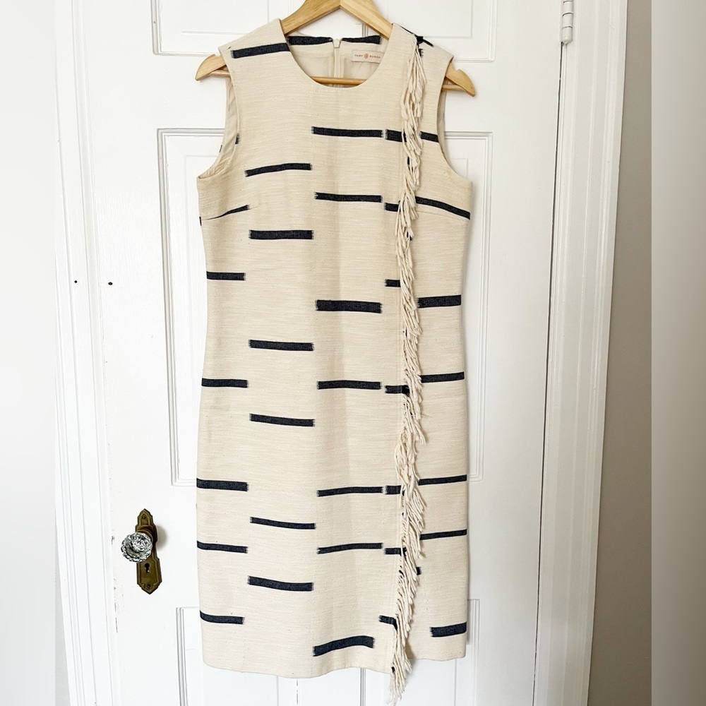 Tory Burch Nicole Sleeveless Shift Dress Size M with Black Stripes and Fringe
